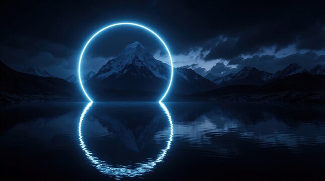 Neon circle portal reflects mountain landscape over dark lake water. Futuristic digital art depicts night scene, cyberspace journey, abstract wonder.