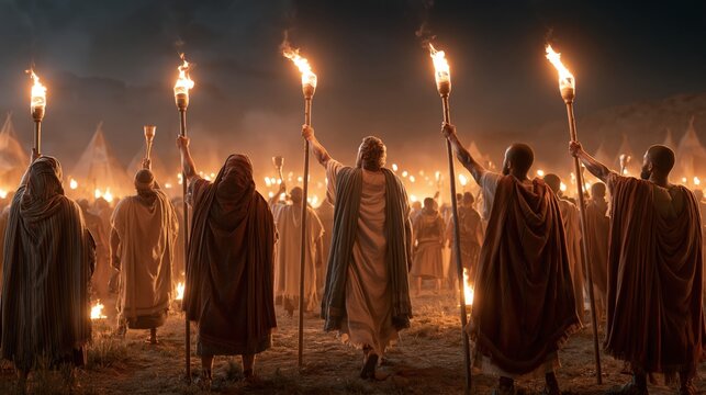 Gideon leading three hundred Israelite warriors with torches and trumpets against the Midianite camp at night.