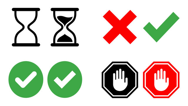 Set of hourglass time cross checkmark stop sign icons graphic elements for status indication