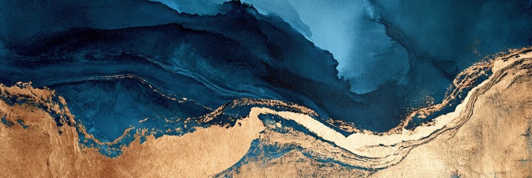 Abstract aerial-like view of dark blue fluid waves bordered by sandy beige textures forming an organic shoreline pattern with rich tonal contrast Expression of natural motion