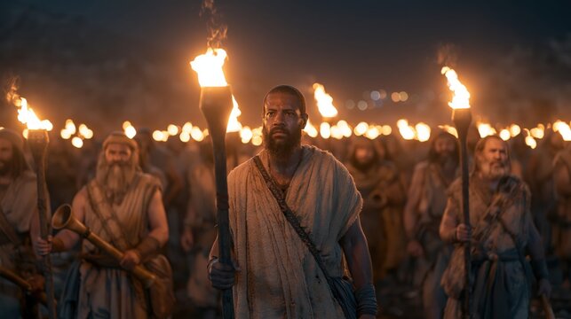 Gideon leading three hundred Israelite warriors with torches and trumpets against the Midianite camp at night.