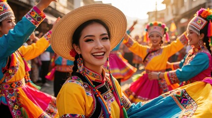 Fototapeta premium Smiling young woman wears traditional ethnic attire, straw hat. Colorful folk dancers perform at cultural festival in street. Joyful female celebrates local heritage, community tradition with vibrant