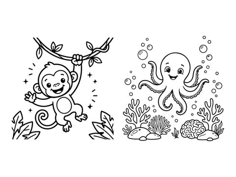 Baby Monkey Hanging from Vine and Baby Octopus Waving Arms Coloring Pages