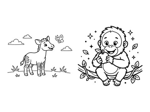 Baby Okapi Watching Butterfly and Baby Orangutan Holding Fruit Coloring Pages