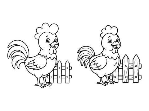 Baby Rooster Standing Beside Fence Farm Animals Coloring Pages