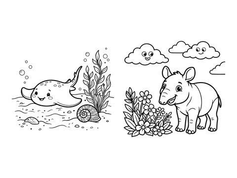 Baby Stingray Resting on Seabed and Baby Tapir with Flower Coloring Pages