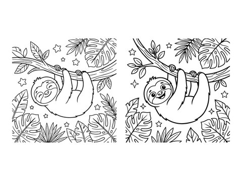 Baby Sloth Hanging Upside Down from Tree Branch Coloring Pages