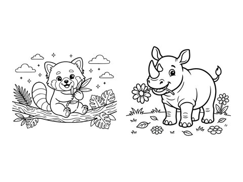 Baby Red Panda with Bamboo and Baby Rhinoceros with Flower Coloring Pages