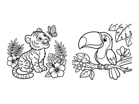 Baby Tiger Watching Butterfly and Baby Toucan on Jungle Branch Coloring Pages