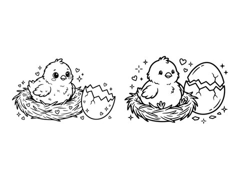 Cute Chick Sitting in Straw Nest Farm Animal Coloring Pages