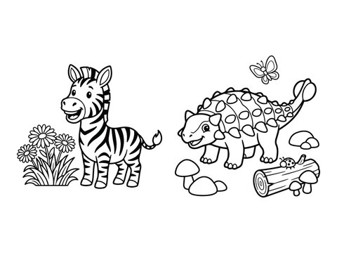 Baby Zebra Standing Beside Grass and Cartoon Ankylosaurus Coloring Pages
