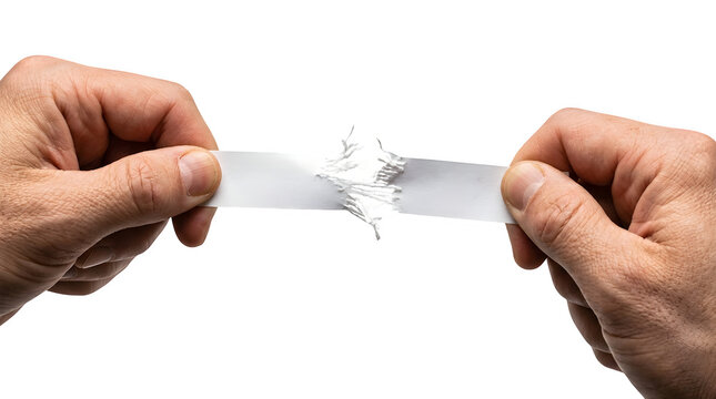 Two hands pulling and tearing a strip of white paper isolated on transparent background