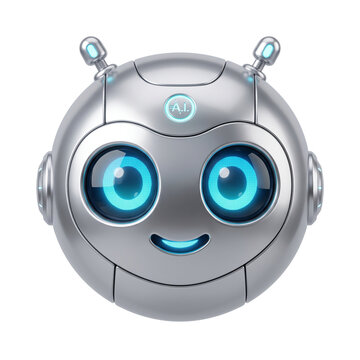 Modern metallic robot head with glowing blue eyes and 'A.I.' logo, representing artificial intelligence and futuristic technology.