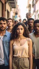 Obraz premium A diverse group of confident young adults stands together on a sunny city street, evoking unity, empowerment, and strong community spirit. Perfect for modern youth campaigns.