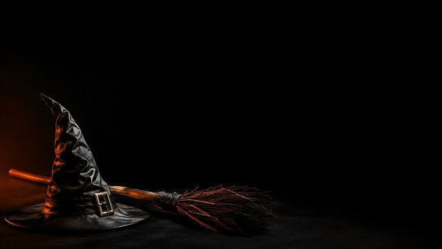 Halloween Witch Hat and Broom on Dark Black Background with Copy Space