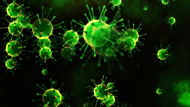 Glowing viral cells and microorganisms against a dark background. This abstract scientific composition conveys a sense of the spread of infection, a pandemic, and an invisible biological threat. Digit
