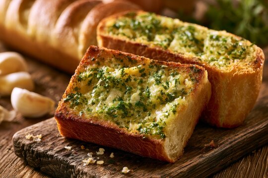 Garlic bread on a wooden board with herbs and fresh garlic beside it in a kitchen setting