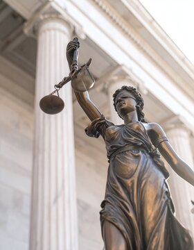 A majestic bronze Lady Justice statue holding scales before classical courthouse pillars, symbolizing fairness, legal integrity, and truth. Low angle shot with no people present.