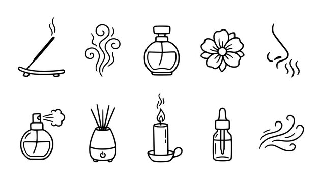 Incense Stick Perfume Flower Aroma and Scent Outline Vector Collection