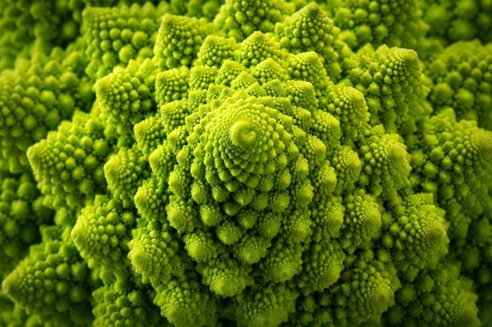 Macro close-up of vibrant green Romanesco broccoli