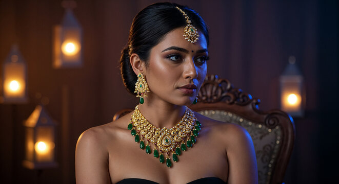 Portrait of a Beautiful Indian model in Gold Jewelry