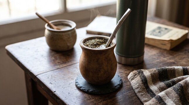 Hot yerba mate drink served in traditional calabash gourd