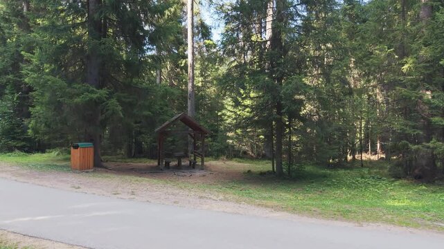 Wooden Picnic Shelter Beside Road in Bijambare Protected Landscape, Bosnia and Herzegovina