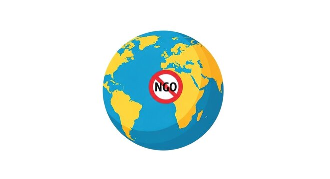 Earth with 'No NGO' symbol. Concept of banning or restricting non-governmental organizations globally. Flat design.
