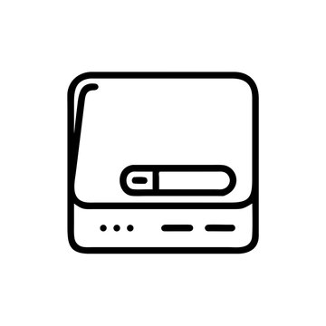 Minimalist line art icon of old cassette tape player with eject button isolated on white background, Vector, illustration