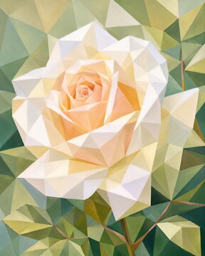 A postcard featuring a delicate cream rose in the style of cubist expressionism, a botanical illustration, a concept of a gentle lyrical mood with geometric flowers, green foliage and soft tones