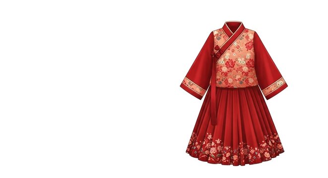 Elegant Red Traditional Chinese Hanfu Dress with Floral Embroidery, Featuring a Layered Skirt and Embroidered Blouse