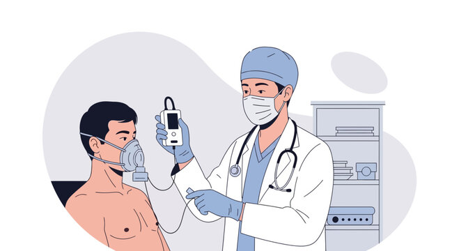 Medical Professional Performing Respiratory Function Test With Oxygen Mask Illustration