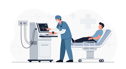 Fototapeta premium Medical Professional Performing EKG On Patient, Healthcare Inspection in Modern Hospital Setting