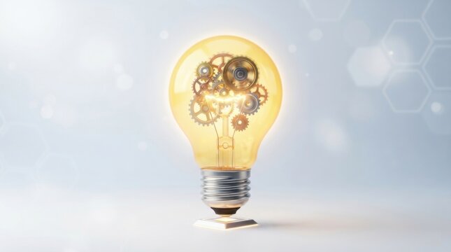 Light Bulb with Golden Mechanical Gears and Cogs Inside Idea and Innovation