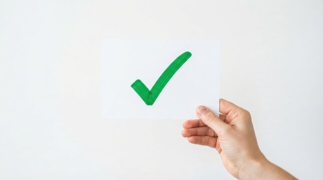 Hand Pointing to Green Checkmark Icon Approval and Confirmation Concept