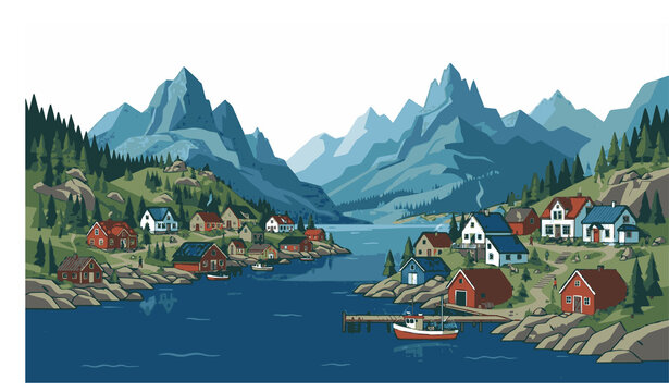 Untitled design - 1Scandinavian fjord village vector landscape with Nordic houses mountains and blue water