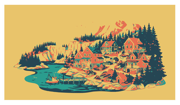 Untitled design - 2Nordic mountain village vector with Scandinavian cottages fjord pine trees and fishing boat
