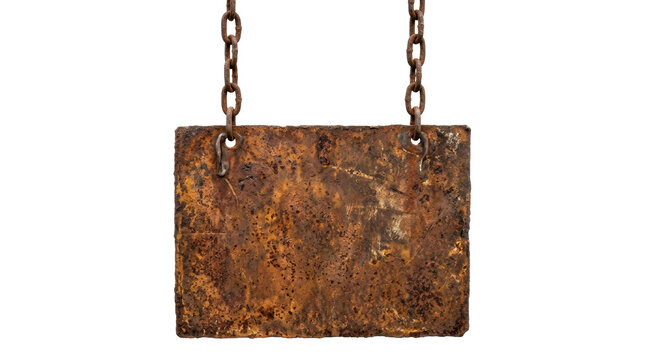 Old rusted metal sign hanging from chains features a heavily textured surface with rich brown and orange corrosion, suggesting age and decay.