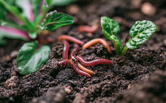 Close-up of moving compost worms on a nature background