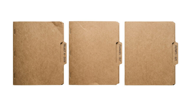Three old brown manila folders with labeled tabs are neatly arranged, symbolizing organization, finance, and project documentation.