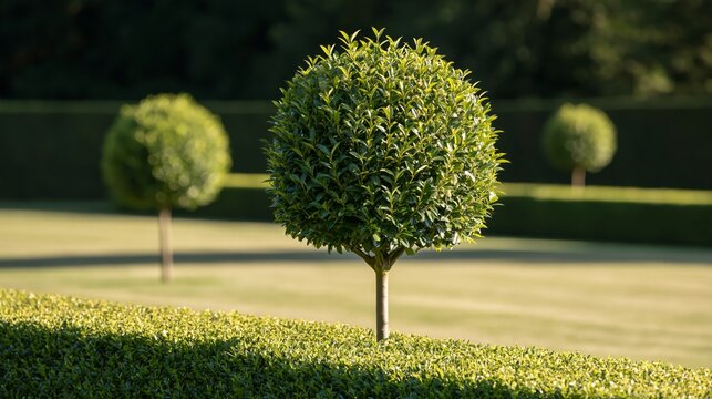 Lush round topiary trees in a neatly trimmed garden landscape  
