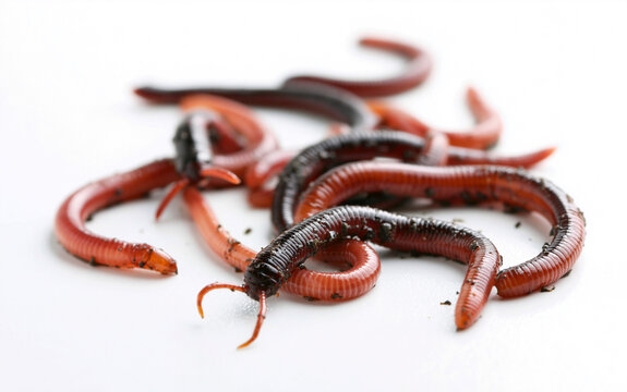 Close-up of moving compost worms on a white background