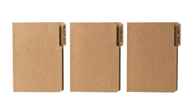 Three brown kraft paper file folders with tabs labeled for projects, financials, and client files, representing business organization and record keeping.