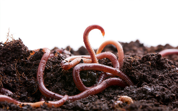 Close-up of moving compost worms on a white background