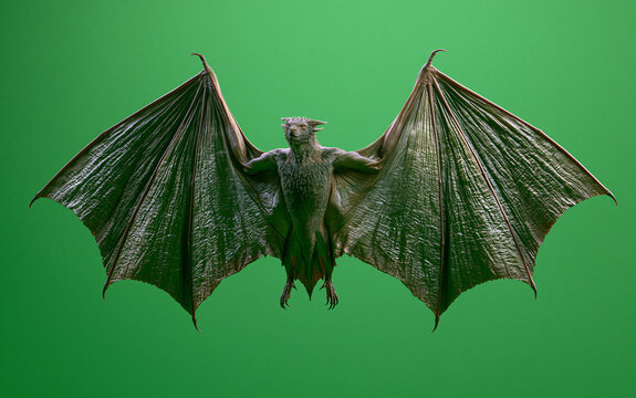 Dragon wings flapping against green screen background. Fantasy creature body parts for visual effects and CGI production.