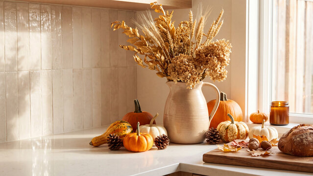 Autumn kitchen counter decor with dried flowers in ceramic pitcher, rustic pumpkins and squash on white countertop, cozy fall home interior