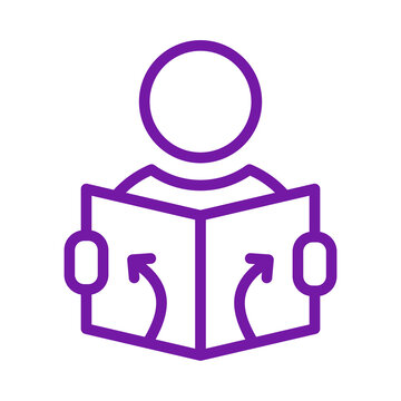 Purple outline icon showing a person reading a book with circular arrows indicating a continuous learning process or feedback cycle transparent background