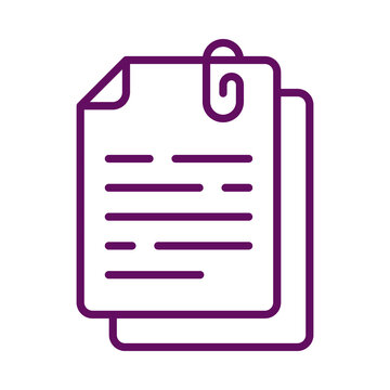 Purple outline vector icon of two paper documents with an attached paperclip symbol for business management transparent background