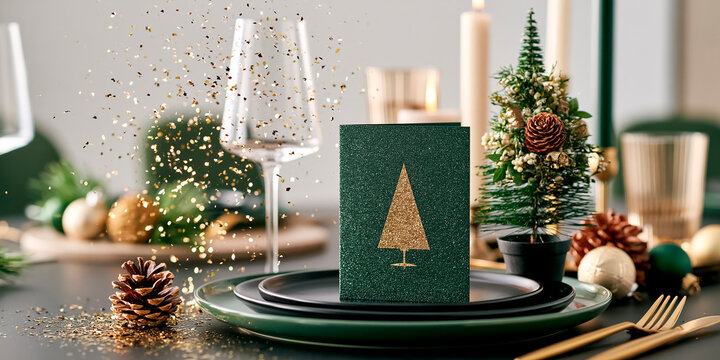 Card on an empty plate on the table, Christmas decor