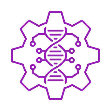 Purple line art icon showing a DNA strand within a gear wheel connected by circuit elements for genetic engineering research transparent background
